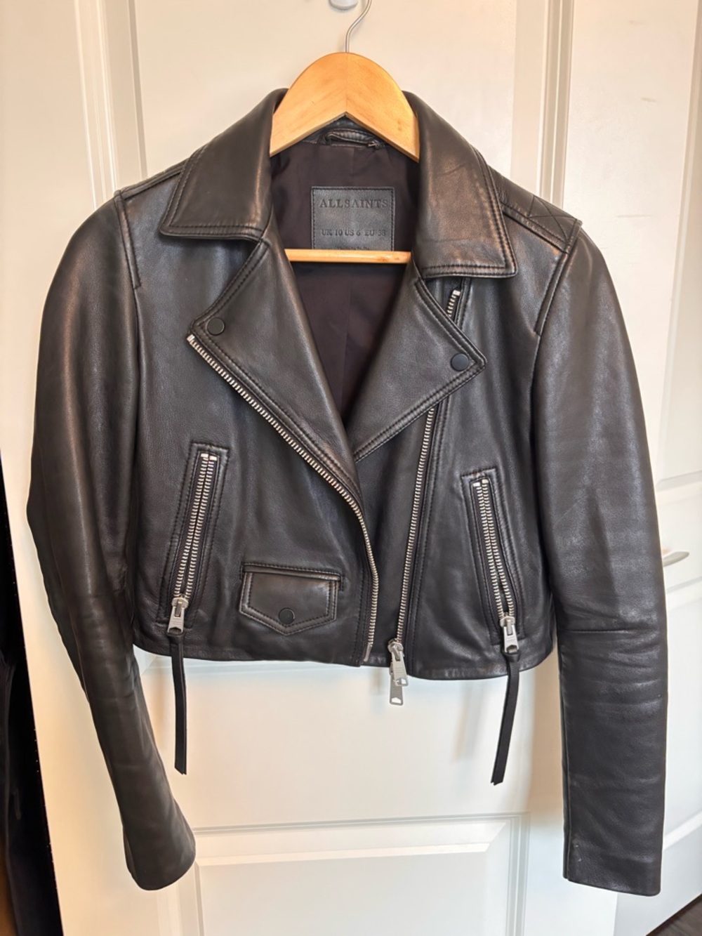 All Saints Black Leather Moto Jacket with Silver Hardware